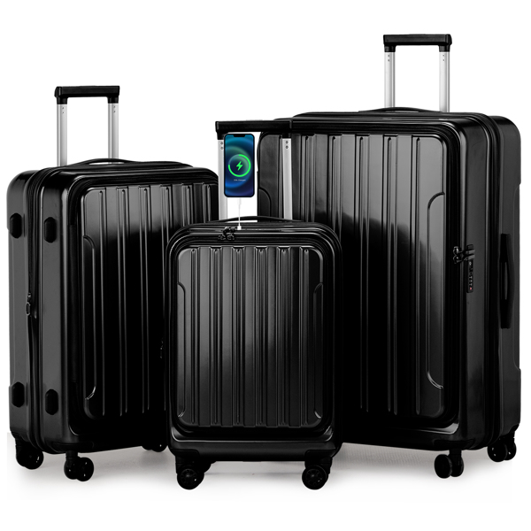 Luggage Sets 3 Piece, ABS+PC Front Open Hardshell Lightweight Luggages, Expandable Carry On Suitcase Set with TSA Lock & Double Wheels (20/24/28, Black)