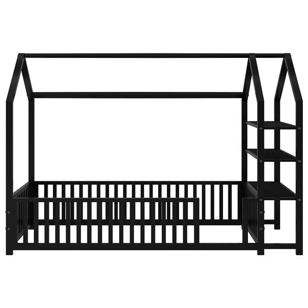 Twin Size Metal House Bed with Fence and Detachable Storage Shelves, Black