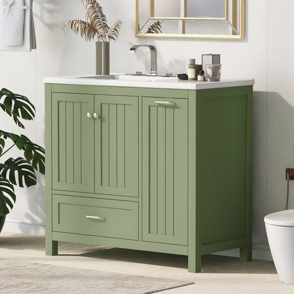 36" Bathroom Vanity with Sink, One Cabinet with Two doors and One Big Drawer and One Flip Drawer, Solid Wood and MDF Board, Green 