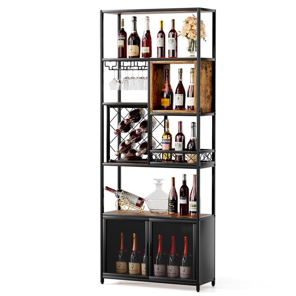 82.7" Industrial Tall Black Bar Wine Rack Cabinet with Glass Holder Wood Home Bar Cabinet