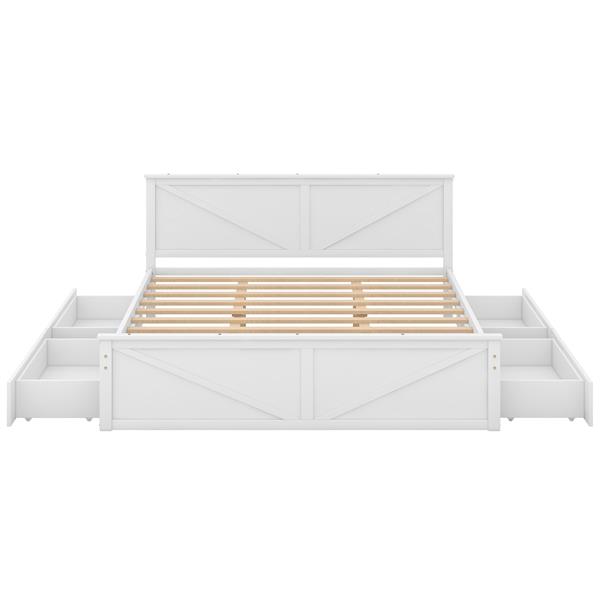 King Size Wooden Platform Bed with Four Storage Drawers and Support Legs, White