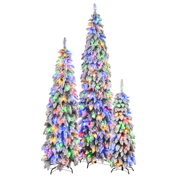 8FT, 6FT, 4FT Pre-Lit Pencil Christmas Trees, 3-set Slim Artificial Christmas Tree With Snow Flocking, Xmas Holiday Decoration Tree, 1455 Branch Tips, 520 LED Lights, 11 Lighting Modes 