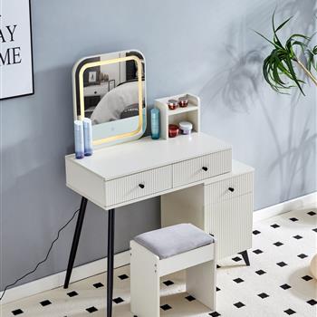 Fluted Makeup Vanity Desk with SQUARE LED  Mirror and Lights, Modern Glass Top Big Vanity Table with 4 Drawers & Adjustable Shelves, Dressing Table Set  with stools table with movable side table