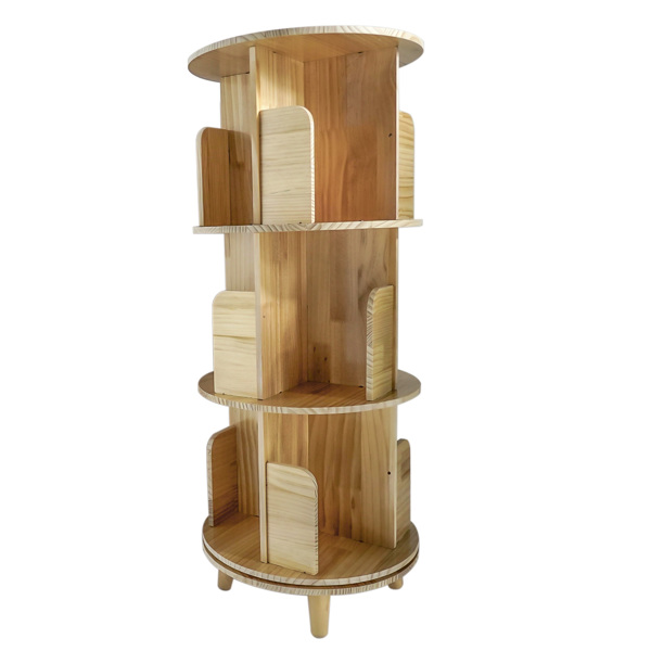 3-Layer Rotating Bookcase 360 Rotating Display Rack Pine Wood Rotating Bookshelf