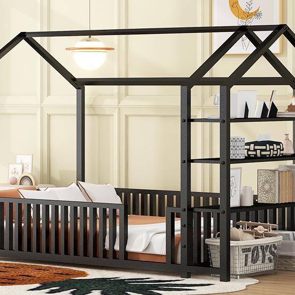 Twin Size Metal House Bed with Fence and Detachable Storage Shelves, Black