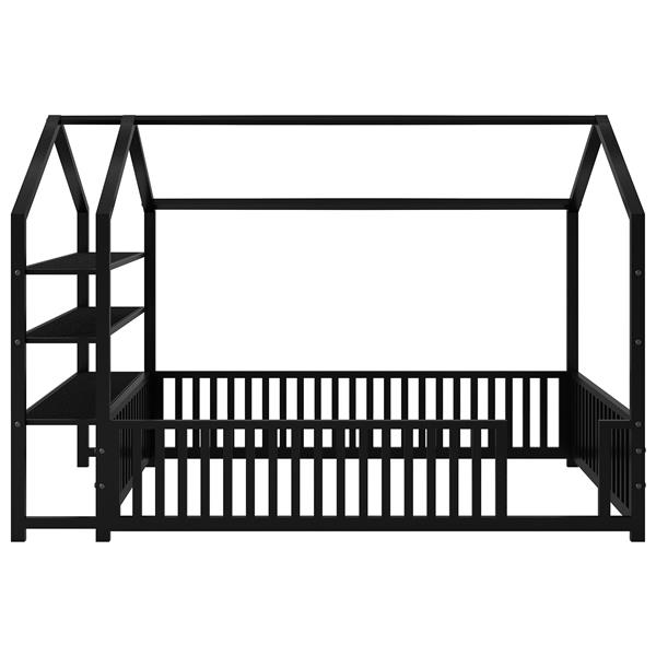 Full Size Metal House Bed with Fence and Detachable Storage Shelves, Black