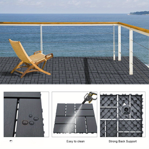 Plastic Interlocking Deck Tiles Outdoor All Weather Waterproof 44 PCS 12"x12" Flooring Deck Tiles Patio Floor Tile for Pool Balcony Backyard Porch, Dark Grey