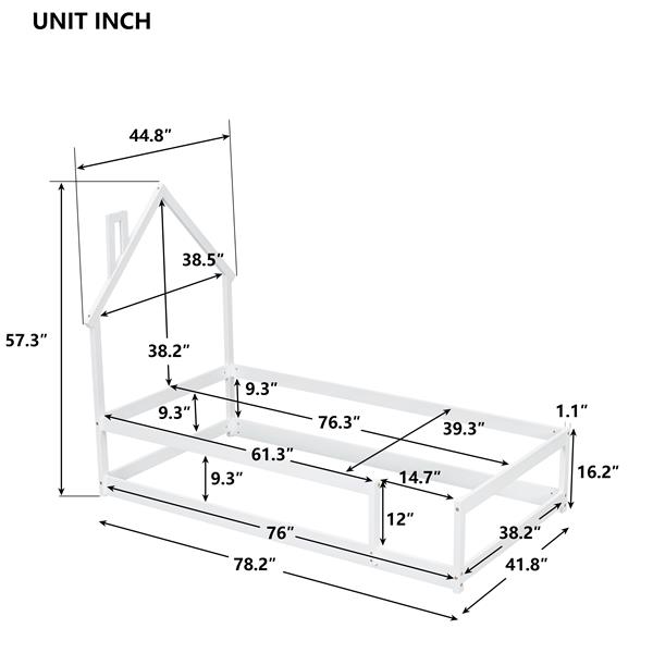 Twin Size Wood bed with House-shaped Headboard Floor bed with Fences,White