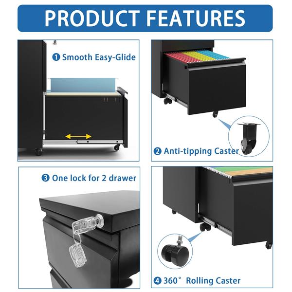 2 Drawer Metal  Mobile File Cabinet, Rolling File Cabinet with Lock for Hanging Legal/Letter/A4 Size,Fully Assembled Except Wheels