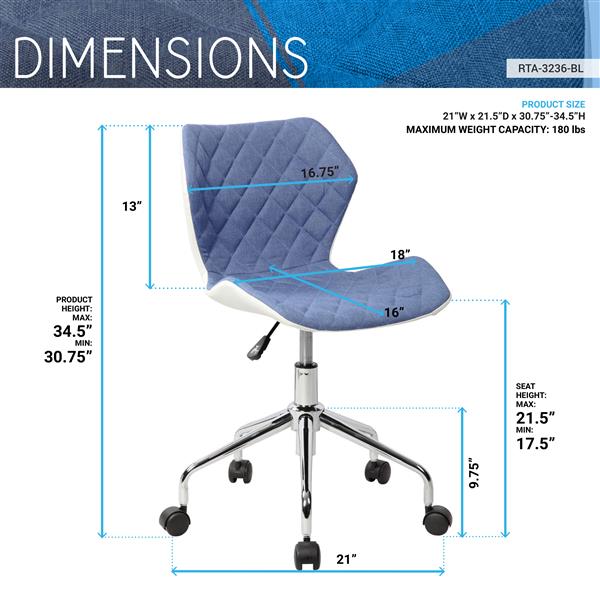 Modern Height Adjustable Office Task Chair, Blue