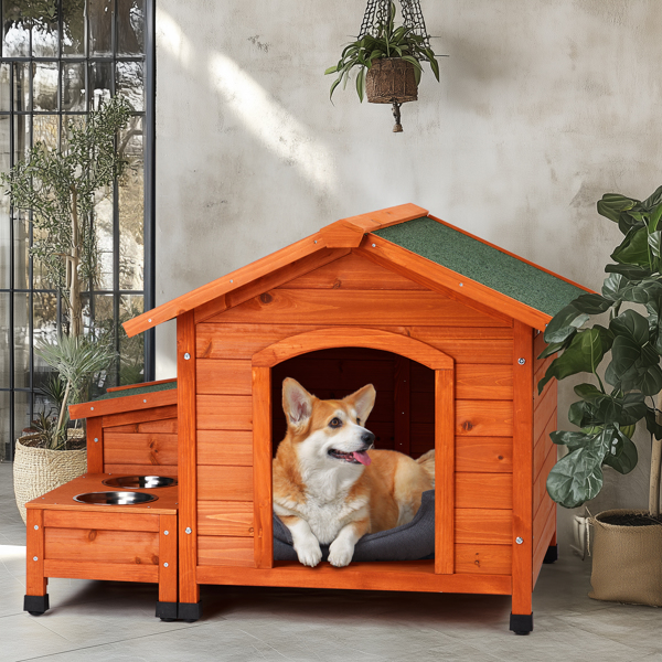  88*106*77cm Wooden Feral  Dog House for Outdoor and Indoor, Pet House with  Food Bowl& Food Storage Bucket