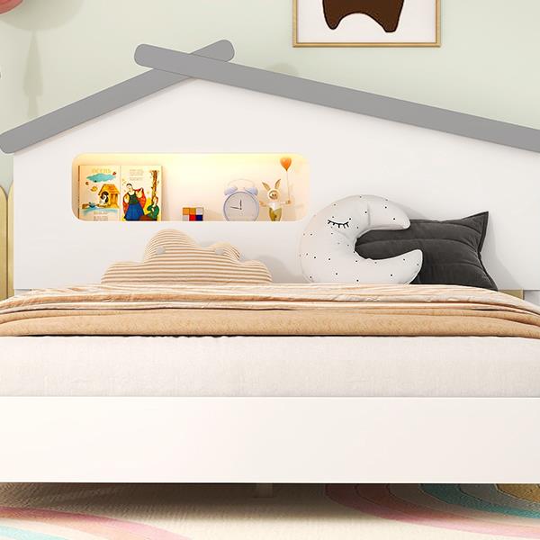 Full Size Wood Platform Bed with House-shaped Headboard and Motion Activated Night Lights (White+Gray)