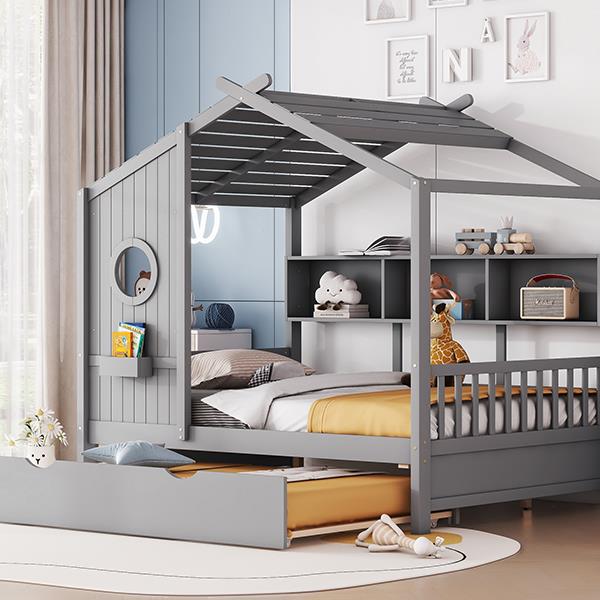 Wooden Full Size House Bed With Trundle, Modern Design for Kids with Storage Shlef, Gray