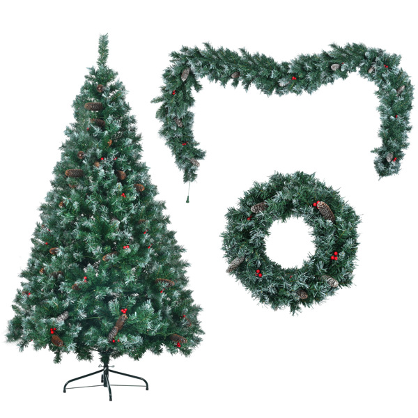 6FT Dark Green Pine Christmas Tree, Pre-Lit Set with Tree & Garland & Wreath, Hinged Artificial Xmas Tree with White Tips, Red Berries and Pine Cones, 11 Colorful Modes, Indoor Holiday Decoration 