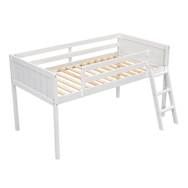 Twin Size Wood Low Loft Bed with Ladder, ladder can be placed on the left or right, White