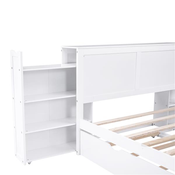 Full Size Storage Platform Bed with Pull Out Shelves and Twin Size Trundle, White