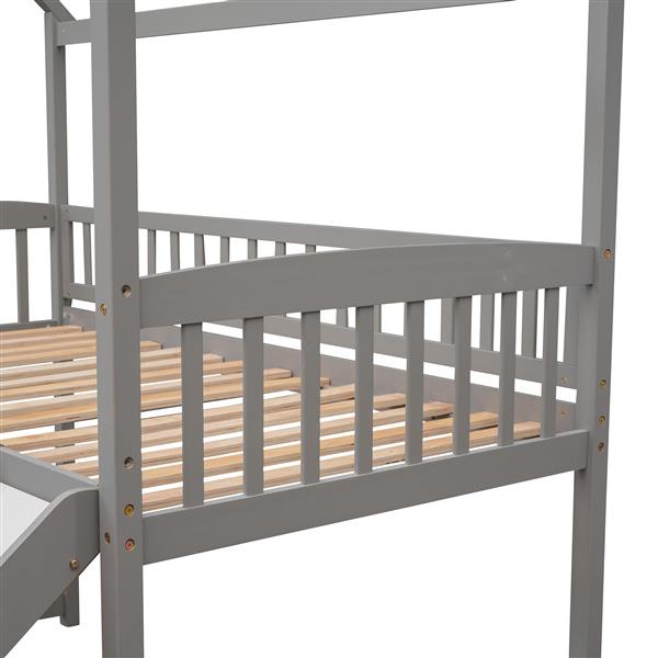 Twin Loft Bed with Slide, House Bed with Slide，Grey