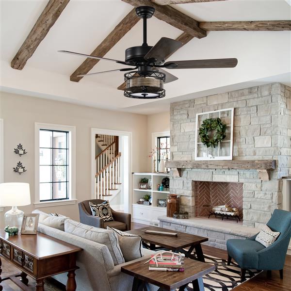 52 Inch Farmhouse 3 Lights Ceiling Fan with 5 Wood Blades, Two-color fan blade, AC Motor, Remote Control, Reversible Airflow, Multi-Speed, Adjustable Height, Traditional Ceiling Fa (No include Bulbs)