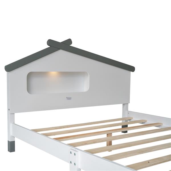 Full Size Wood Platform Bed with House-shaped Headboard and Motion Activated Night Lights (White+Gray)