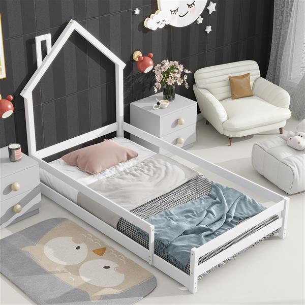 Twin Size Wood bed with House-shaped Headboard Floor bed with Fences,White