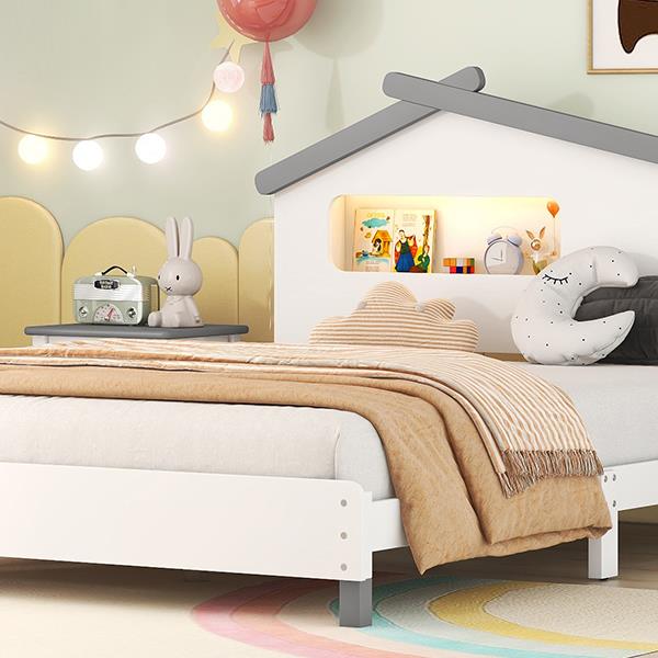 Full Size Wood Platform Bed with House-shaped Headboard and Motion Activated Night Lights (White+Gray)