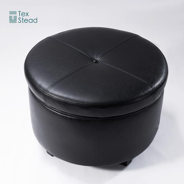 Round Leather Storage Ottoman Footstool with Wood-Based Panel - Hardwood Upholstered Footrest with Lid for Living Room and Bedroom Use