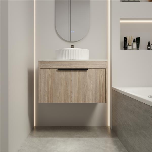 30 " Modern Design Float Bathroom Vanity With Ceramic Basin Set, Wall Mounted White Oak Vanity With Soft Close Door,KD-Packing,KD-Packing,2 Pieces Parcel(TOP-BAA0014012OO)