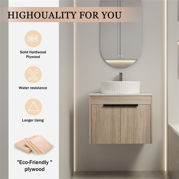 24 " Modern Design Float Bathroom Vanity With Ceramic Basin Set, Wall Mounted White Oak Vanity With Soft Close Door,KD-Packing,KD-Packing,2 Pieces Parcel(TOP-BAA0014012OO)