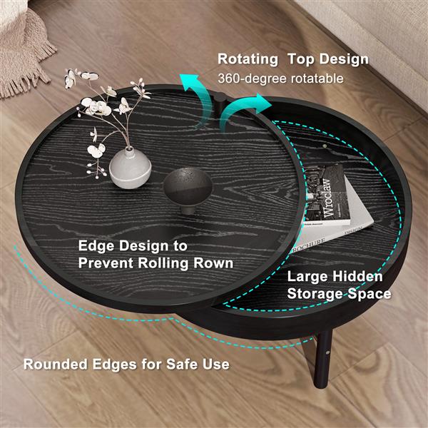 Modern Round Wood Rotating Tray Coffee Table with Storage & Metal Legs in Black