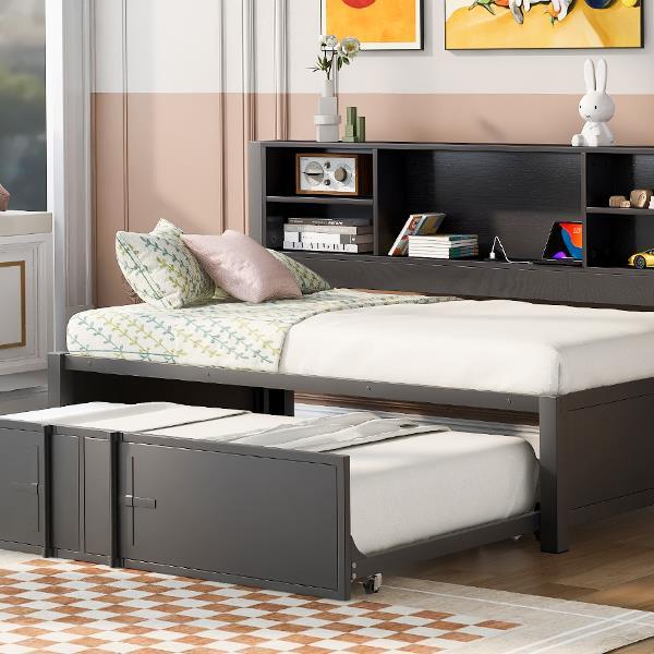 Metal Twin Size Daybed with Twin Size Trundle, Storage Shelves and USB Ports, Black