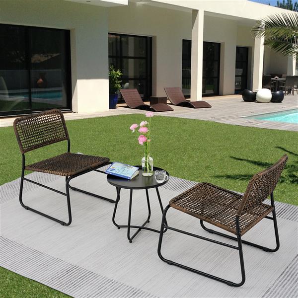 Patio Furniture Set 3 Piece Mixture Pattern PE Rattan Steel Frame And Modern Round Table, Brown and Black