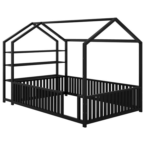 Full Size Metal House Bed with Fence and Detachable Storage Shelves, Black