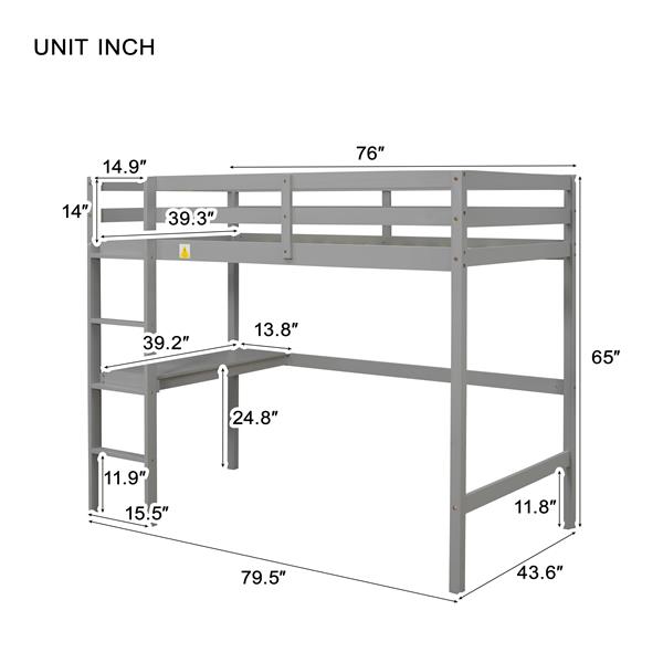 Twin Loft Pine Wood Bed with  built-in desk, Safety Guardrails, Ladder,Grey