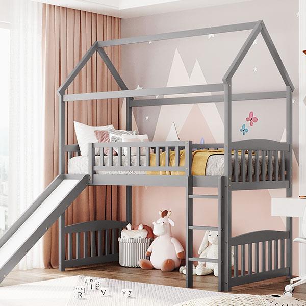 Twin Loft Bed with Slide, House Bed with Slide，Grey