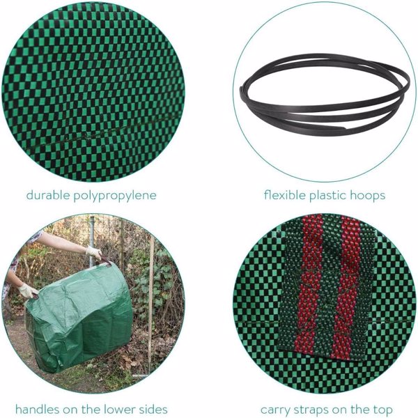 A set of thick and durable garden garbage bags, reusable garden leaf bags, plant waste cleaning bags, polypropylene woven handles, PP coated checkered cloth, brackets, sizes: 500 liters