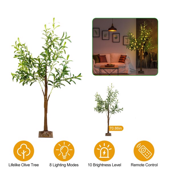 6FT 300Pcs LED Beads Lighted Olive Tree Artificial Greenery Tree with Warm White Light Lifelike Decorative Faux Tree 8 Lighting Modes 10 Adjustable Brightness