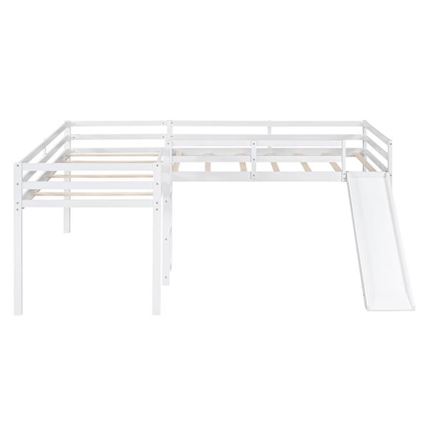 L-Shaped Twin Size Loft Bed with Ladder and Slide, White