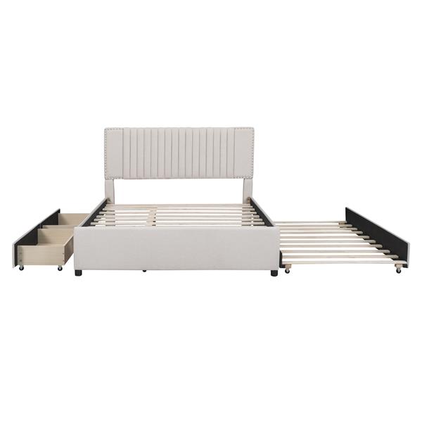 Queen Size Upholstered Platform Bed with 2 Drawers and 1 Twin XL Trundle, Classic Headboard Design, Beige