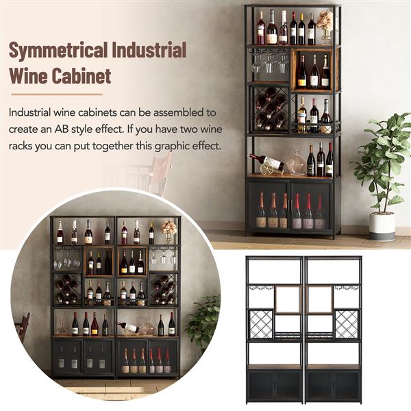 82.7" Industrial Tall Black Bar Wine Rack Cabinet with Glass Holder Wood Home Bar Cabinet