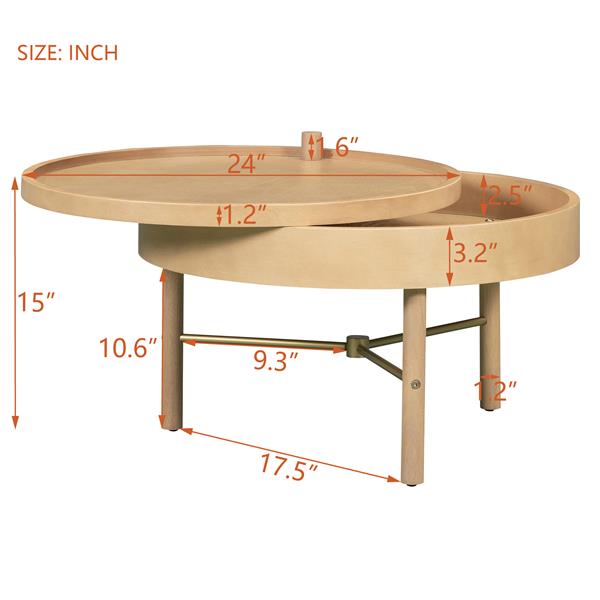 Modern Round Wood Rotating Tray Coffee Table with Storage & Metal Legs in Natural