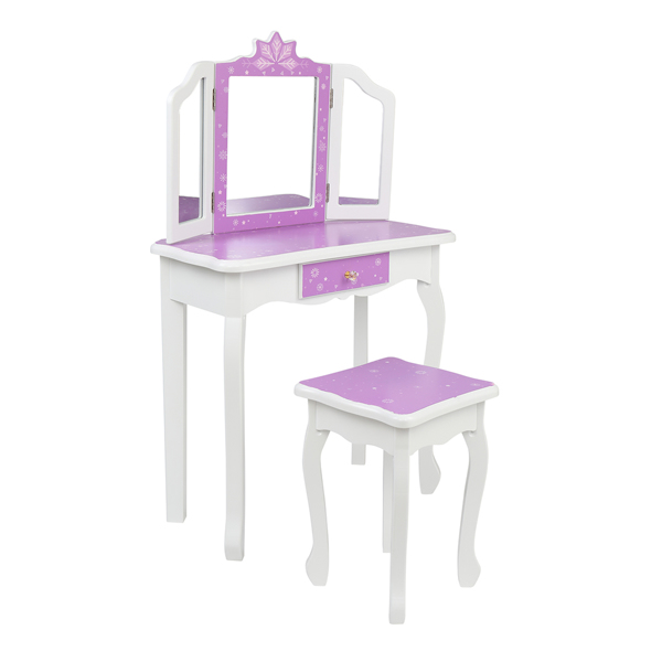 Children's Wooden Dressing Table Three-Sided Folding Mirror Dressing Table  Chair Single Drawer Purple   Snowflake Style