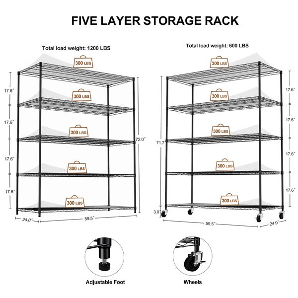 5-tier heavy-duty adjustable shelving and racking, 300 lbs. per wire shelf, with wheels and shelf liners, for warehouses, supermarkets, kitchens, etc. 59.45 "L × 24.02 "W × 71.65 "H,Black