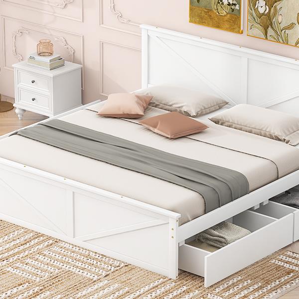 King Size Wooden Platform Bed with Four Storage Drawers and Support Legs, White