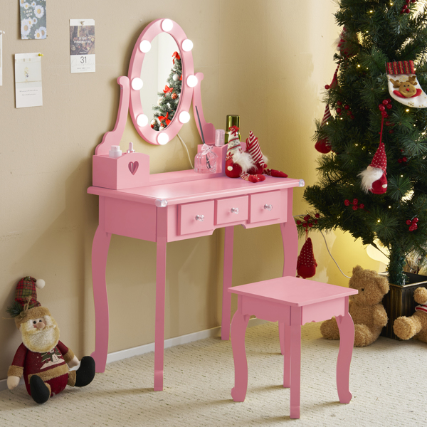 FCH Kids Vanity Set with Mirror and Lights and Stool, 5 Storage Drawers, Pretend Play Princess Makeup Desk Dressing Table and Stool Set for Little Girls Age 3+, Macaroon Pink