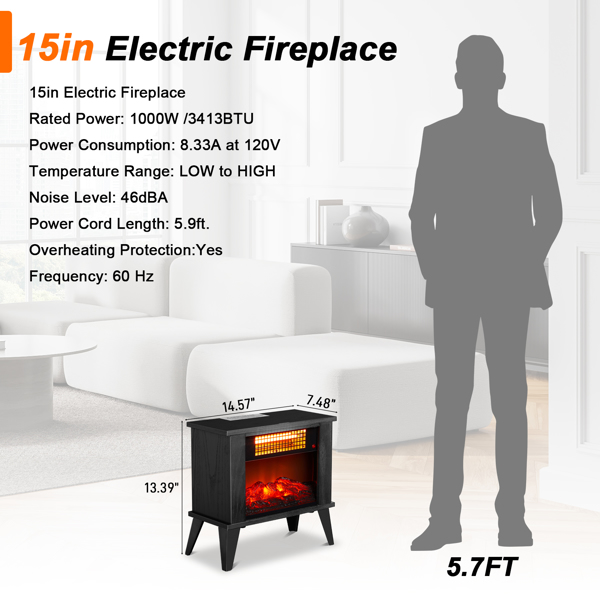 ZOKOP 15" Electric Fireplace Heater, Freestanding Wooden Fireplace Stove with 3D Realistic Flame, Overheat Protection, 1000W Portable Electric Heater for Indoor Bedroom Office Home, Black