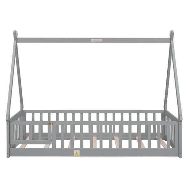 Twin Tent-shaped Floor Bed, with Guardrails, Slats, Door ,Grey