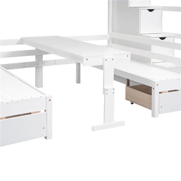 Full over Full Size Bunk with staircase,the Down Bed can be Convertible to Seats and Table Set,White