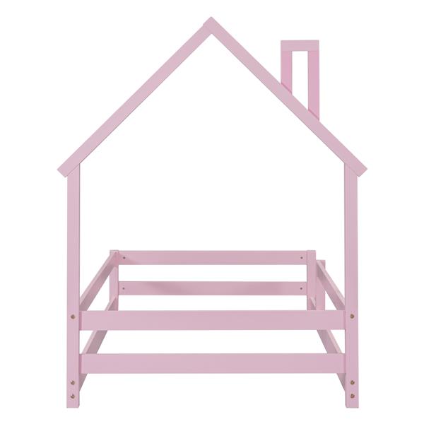 Twin Size Wood bed with House-shaped Headboard Floor bed with Fences,Pink