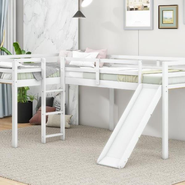 L-Shaped Twin Size Loft Bed with Ladder and Slide, White