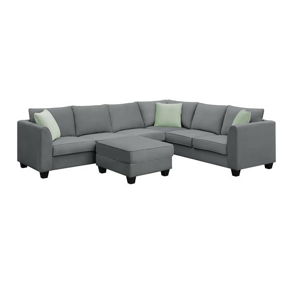 [VIDEO provided] 112*87" Sectional Sofa Couches Living Room Sets, 7 Seats Modular Sectional Sofa with Ottoman, L Shape Fabric Sofa Corner Couch Set with 3 Pillows, Grey